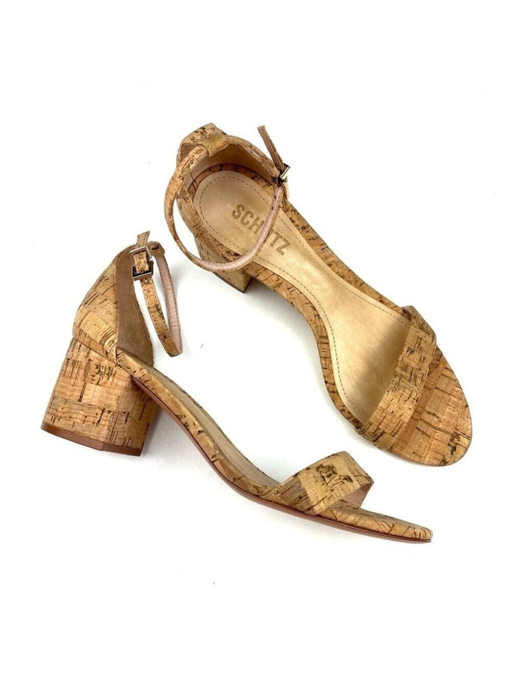 New Schutz Chimes Ankle Strap Block Heel Cork Sandals size 8.5